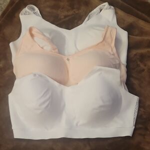 2 White Breezies Lightly Padded Bras with Lace + Breezies Peach Wirefree Bra
